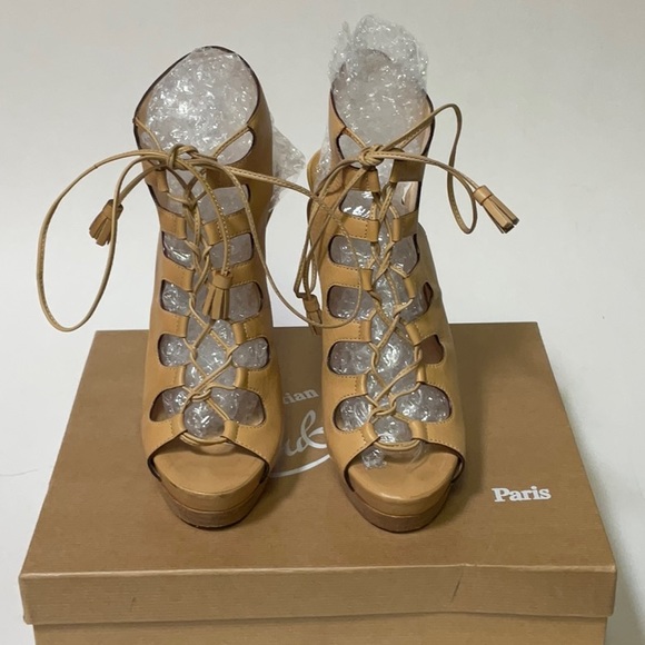 Christian Louboutin Miss Fortune 120 beige leather lace-up wooden high heels, 40 - Picture 2 of 16
